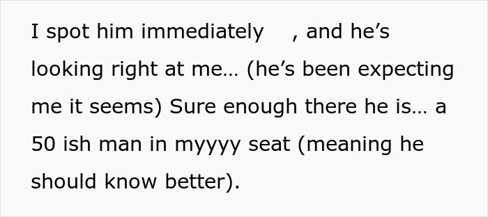 Text describes a man sitting in a woman's designated seat, implying he should know better.