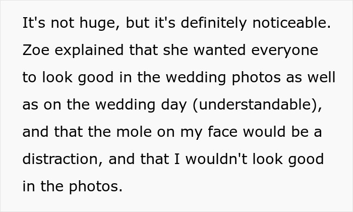 Text screenshot discussing facial surgery request for bridesmaid's appearance in wedding photos. Text screenshot discussing facial surgery request for bridesmaid's appearance in wedding photos.