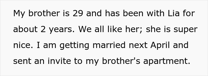 Text about a bride surprised her brother brings his female BFF as his plus one instead of his long-term girlfriend.