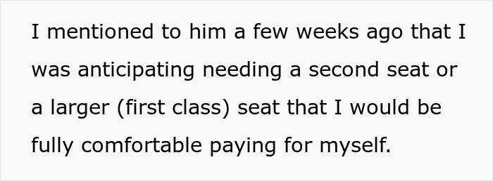 Text image about anticipating the need for a larger or extra seat on a flight.