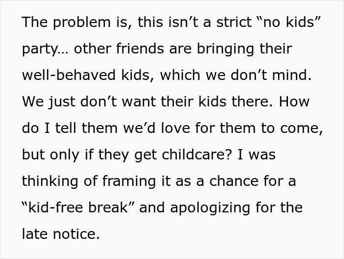 Text image expressing a couple's dilemma about uninviting friends' unruly kids to maintain friendship.