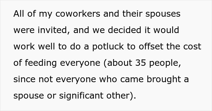 Text describing a work party potluck for coworkers and their spouses, involving about 35 attendees.