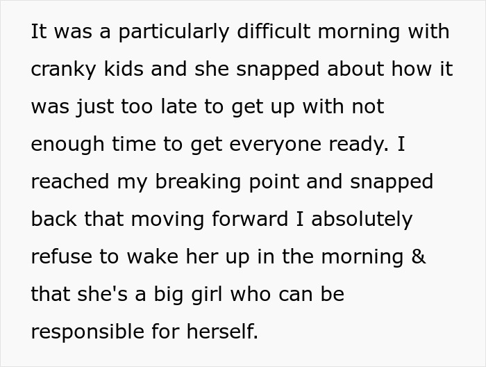 Text about morning argument and refusal to wake wife up, mentioning cranky kids and self-responsibility.