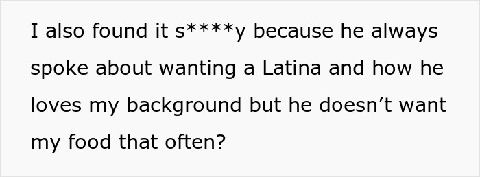 Text questioning a partner's commitment after rejecting Hispanic cooking, highlighting cultural appreciation concerns.