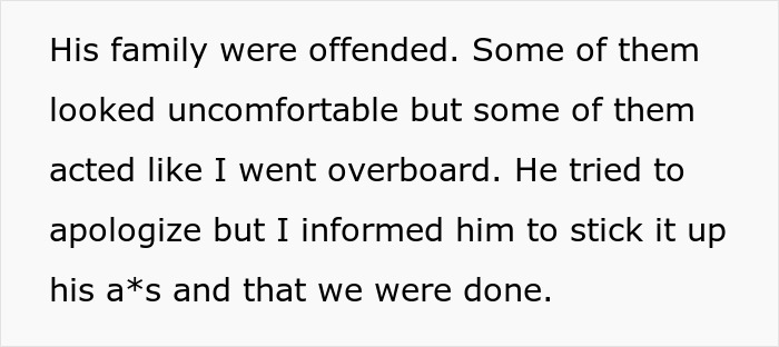 Text reads about a woman breaking up with a "manchild" due to an offensive prank during a family gathering.