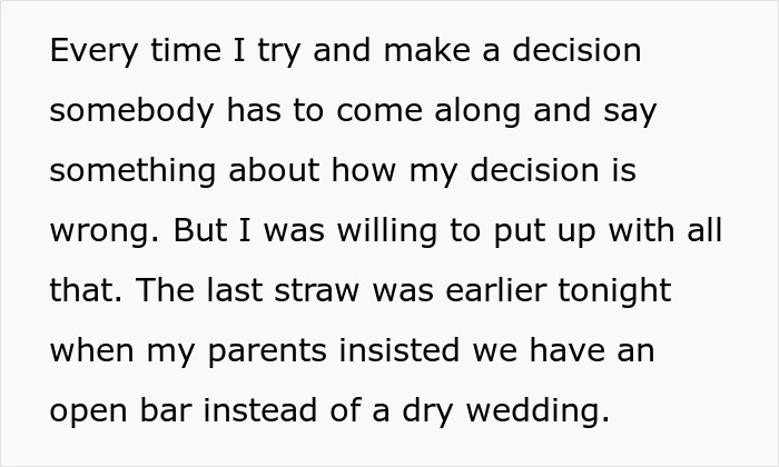 Text of groom discussing parents' reaction to decision on a dry wedding. Text of groom discussing parents' reaction to decision on a dry wedding.