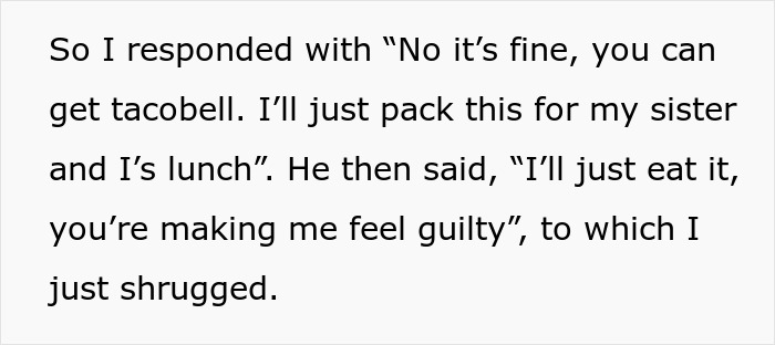 Text image about a boyfriend's reaction during a cooking confrontation, feeling guilty over eating packed lunch.