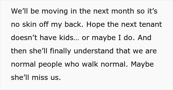 Text discussing a woman's regret about neighbors and moving, questioning future tenants&rsquo; experience of normal noise levels.