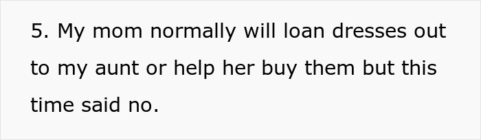 Text about a mom refusing to loan dresses, choosing to respect her daughter's Sweet 16 wishes.
