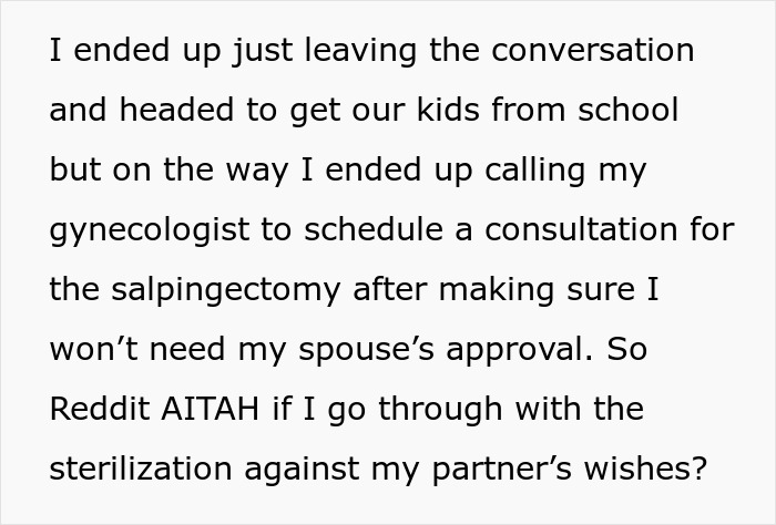 Text about sterilization decision against partner&rsquo;s wishes, discussing scheduling a gynecologist consultation.