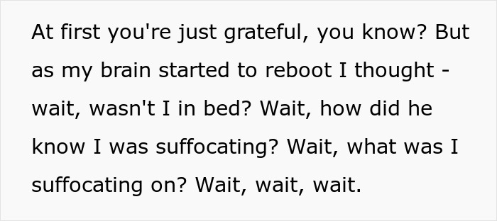 Text screenshot: wife recalling a near-death experience from husband's prank.