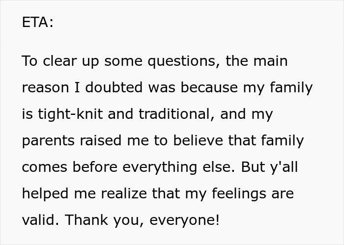 Text snippet explaining doubts due to tight-knit, traditional family beliefs.