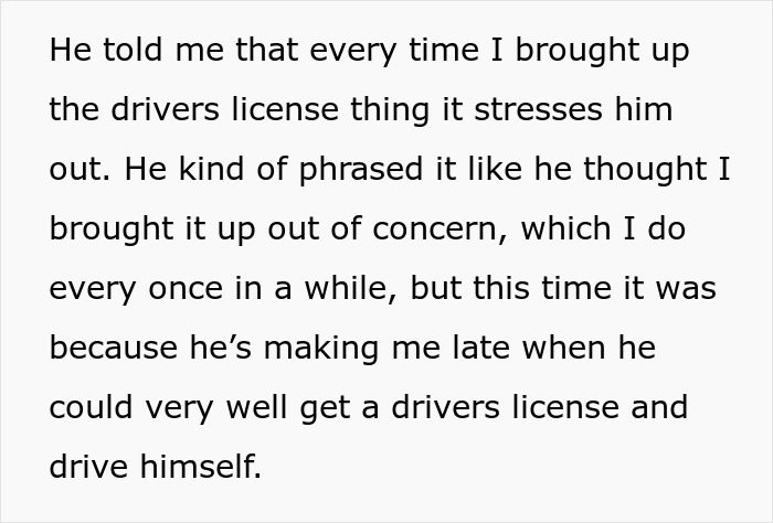 Text about ending free rides to work due to lateness and the stress of getting a driver's license.