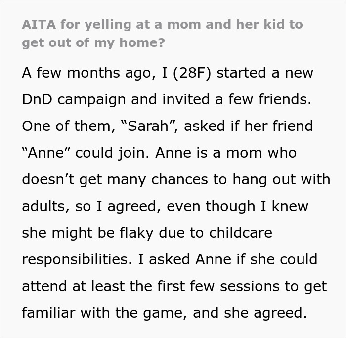 Text description discussing a D&D night disrupted by a woman bringing her toddler unexpectedly. Text description discussing a D&D night disrupted by a woman bringing her toddler unexpectedly.