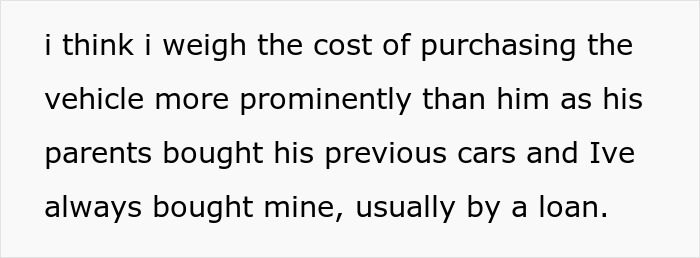 Text discussing car bill differences between a couple, highlighting personal financial experiences with vehicle purchases. Text discussing car bill differences between a couple, highlighting personal financial experiences with vehicle purchases.