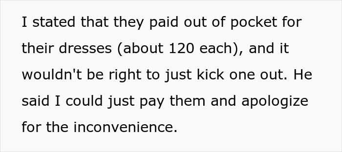 Text discussing wedding dress costs and resolving a bullying issue by compensating and apologizing to the involved parties.