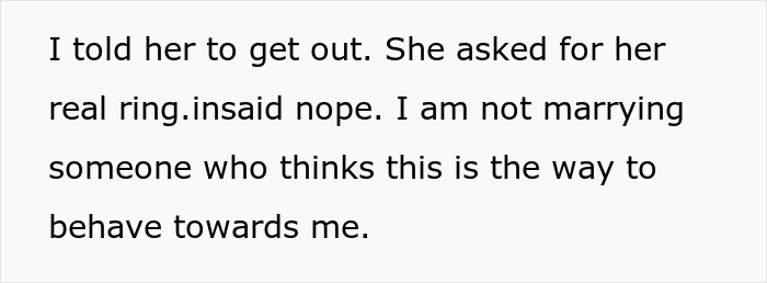 Text exchange discussing a swapped ring, highlighting relationship issues and a broken engagement.