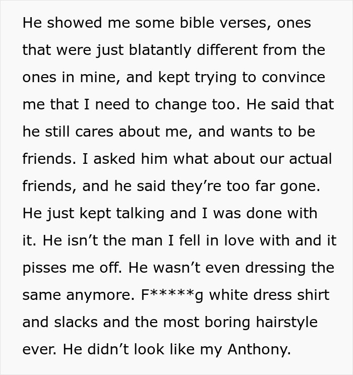 Text describing a conversation about differing Bible verses and a change in relationship after joining a new church. Text describing a conversation about differing Bible verses and a change in relationship after joining a new church.