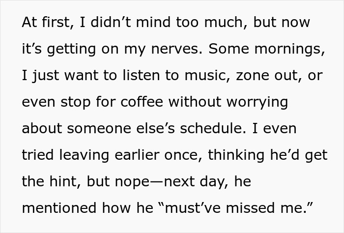 Text sharing frustration over unintended daily carpool obligation with a neighbor after offering a one-time ride.