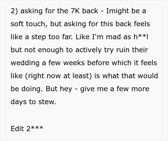 Text screenshot discussing wedding payment frustrations.