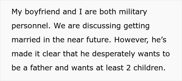 Text expressing a woman's fear of motherhood as her boyfriend insists on having children.