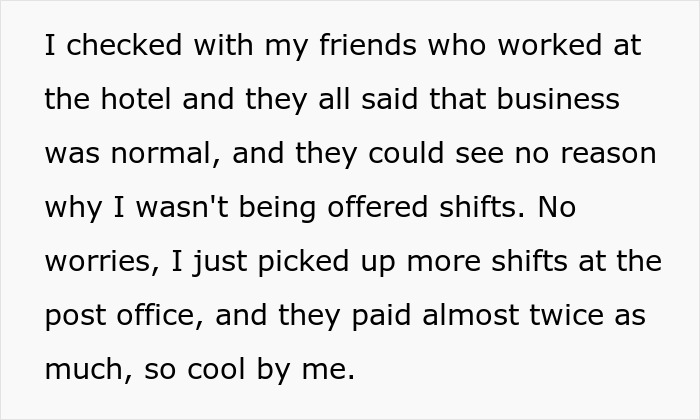Text about a person being fired without notice, referencing hotel work shifts and post office job.