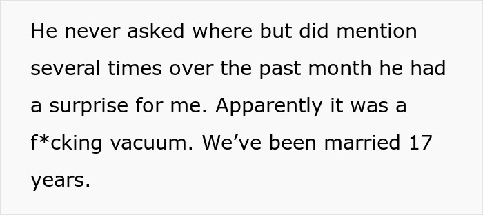 Text about a husband's gift of a vacuum to his wife, highlighting their 17-year marriage.