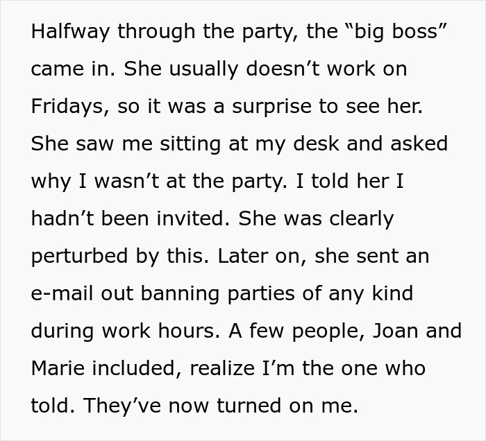 Office drama: Mean girls exclude coworker, leading to ban on all office parties.