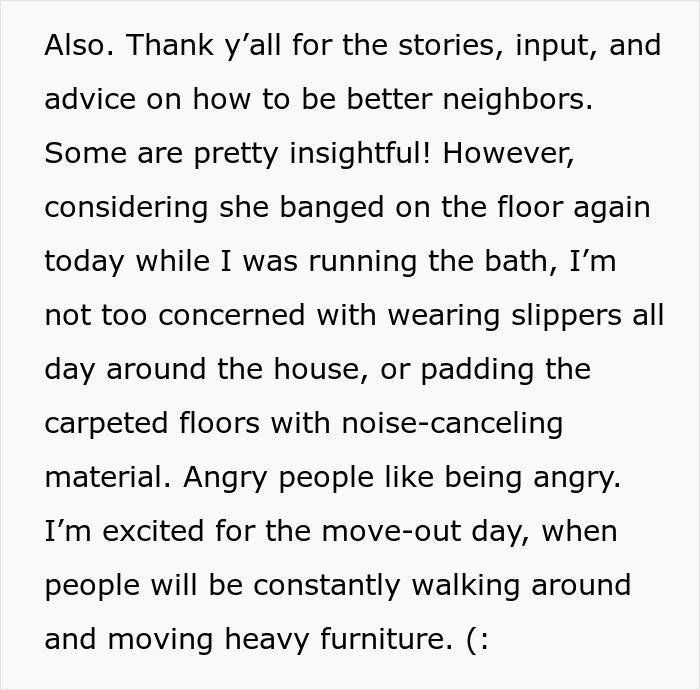 Text about a woman's regret over asking neighbors to quiet down, mentioning noisy floors and moving furniture.