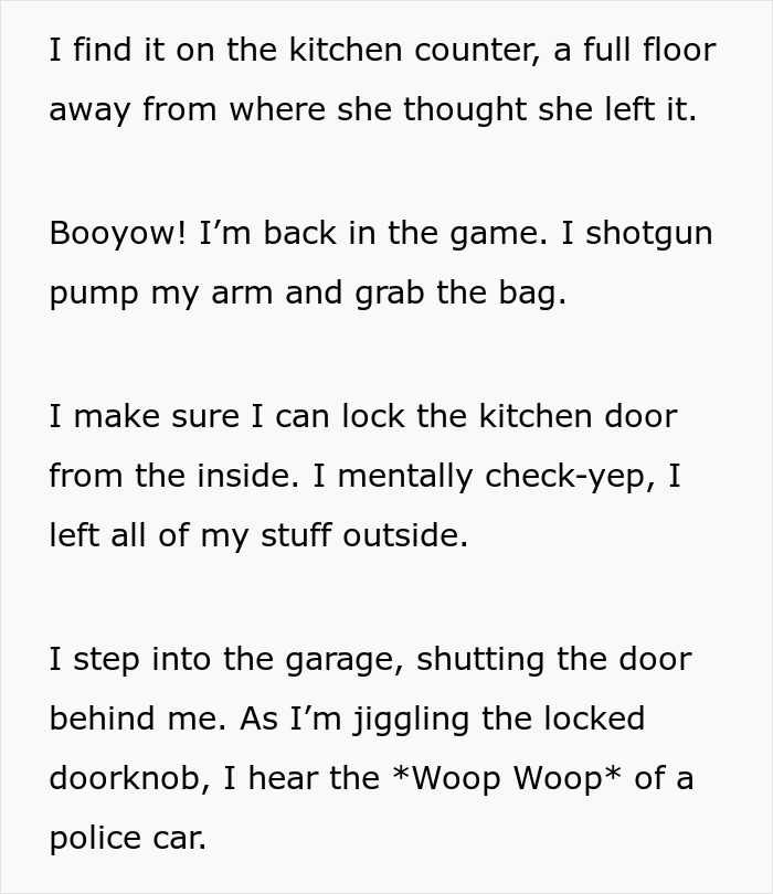 Text describing a woman's urgent search and retrieval of insulin, overhearing police arrival.