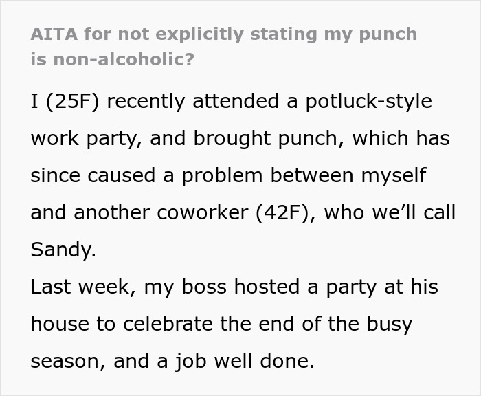 Text excerpt about a work party punch causing issues with an angry coworker.