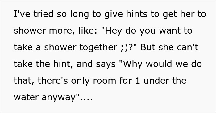 Text conversation about a woman not accepting she smells, humorous shower suggestion. Text conversation about a woman not accepting she smells, humorous shower suggestion.