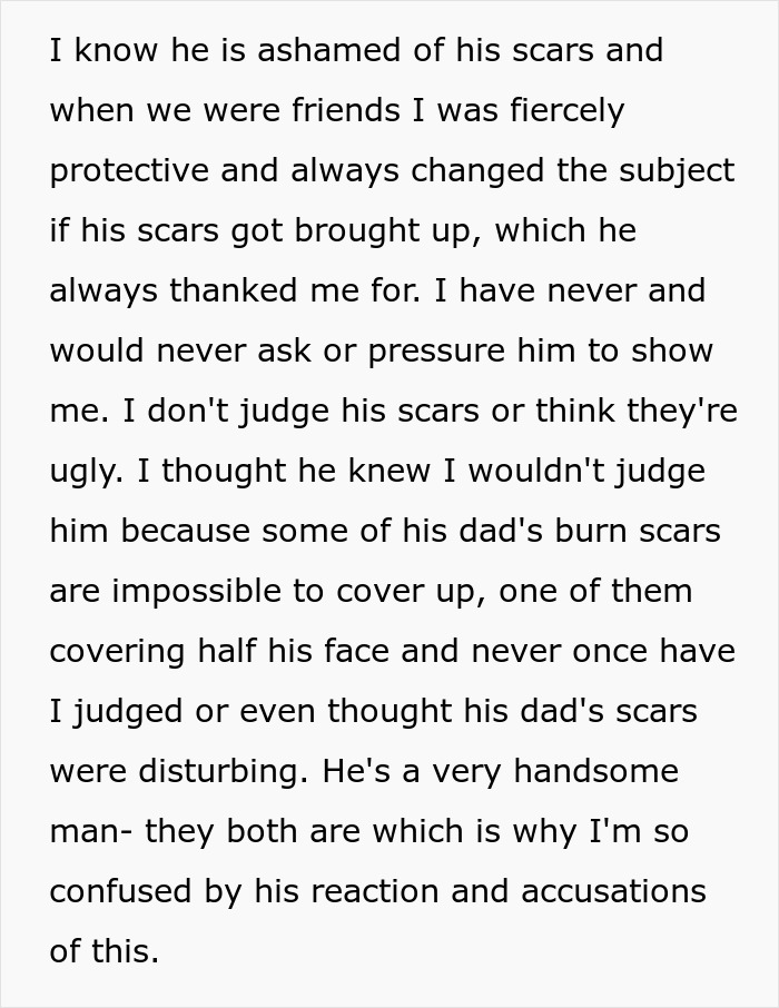 Text expressing confusion and support regarding a boyfriend's reaction to burn scars and accusations.