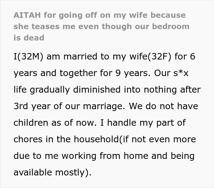 Text discussing a husband's frustrations in a dead bedroom marriage over three years.
