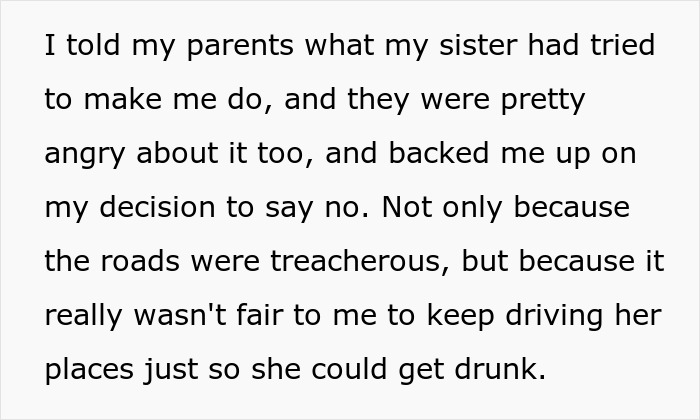 Sibling refuses drunk sister's request to drive her; text discusses parental support and road safety concerns.