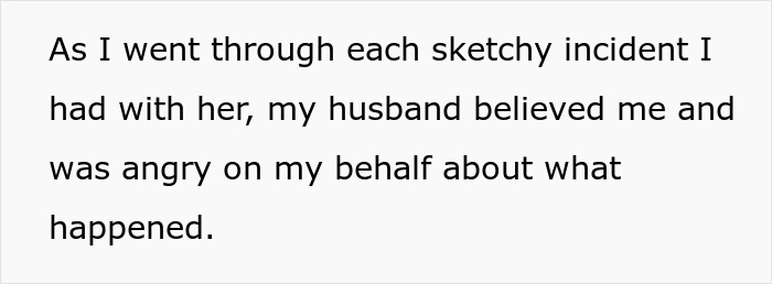 Text about woman's suspicions regarding "accidents" involving sister-in-law, supported by husband. Text about woman's suspicions regarding "accidents" involving sister-in-law, supported by husband.