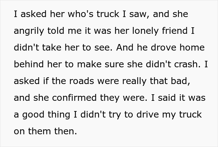 Text describing a conversation about a woman's friend ensuring her safe drive home on dangerous roads.