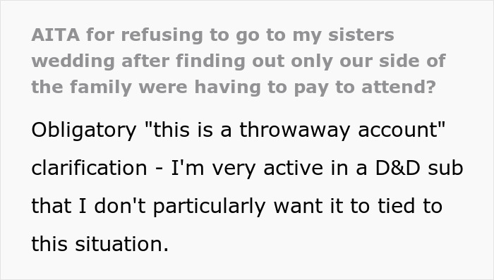 Text discussing the unfair payment expectations for a destination wedding.