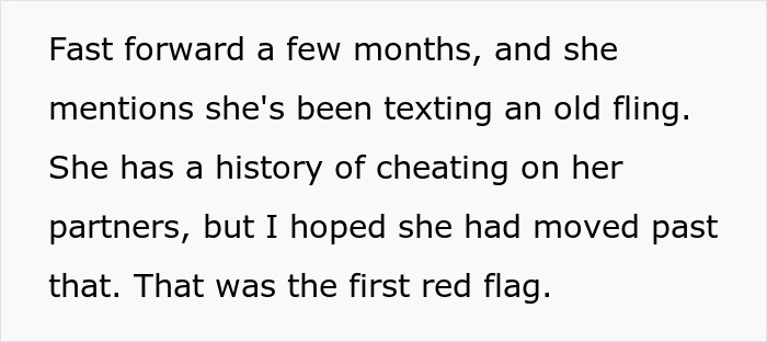 Text on image discussing a bride's history of cheating; highlights red flags noticed by a bridesmaid.