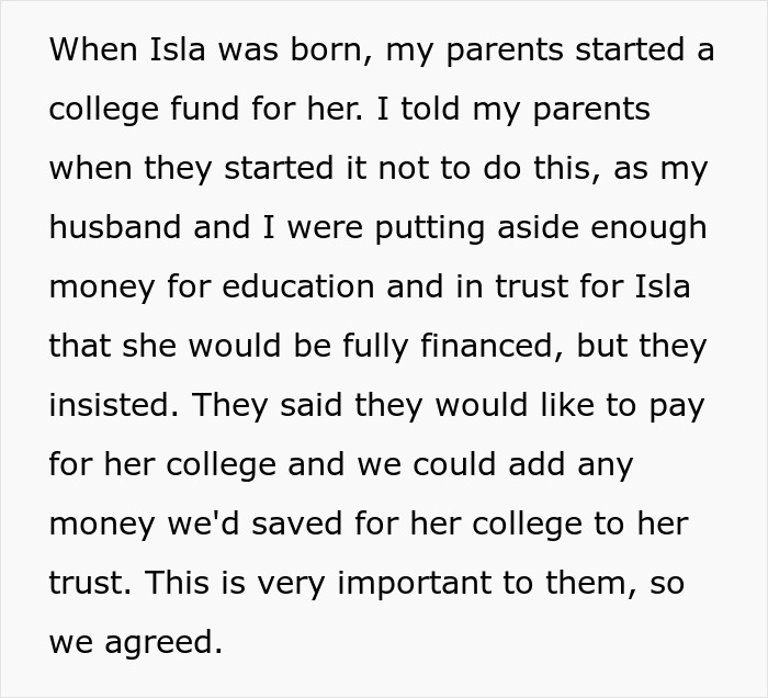 Text about a college fund started by parents for Isla, detailing financial planning for her education. Text about a college fund started by parents for Isla, detailing financial planning for her education.