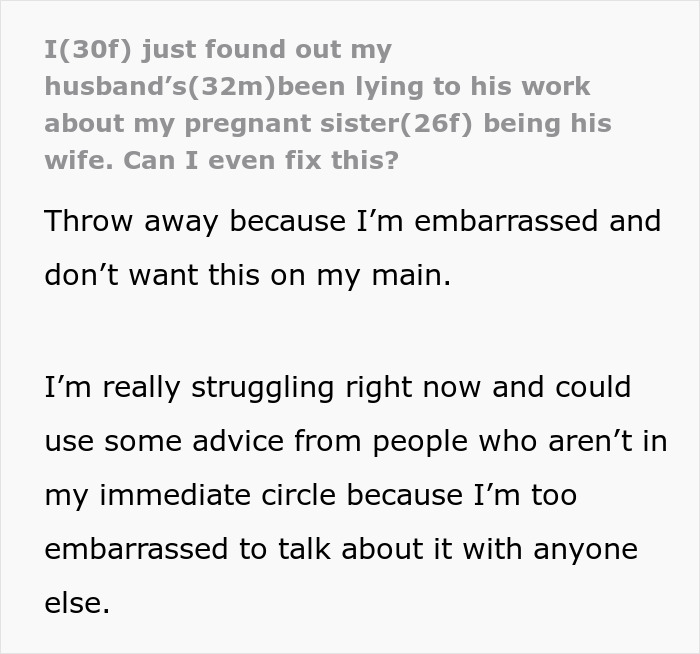 Text about a husband's pregnant sister-in-law and a lying situation causing distress for the wife.