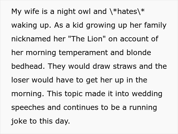 Text about a wife refusing morning wake-ups, described humorously as a childhood and wedding anecdote.