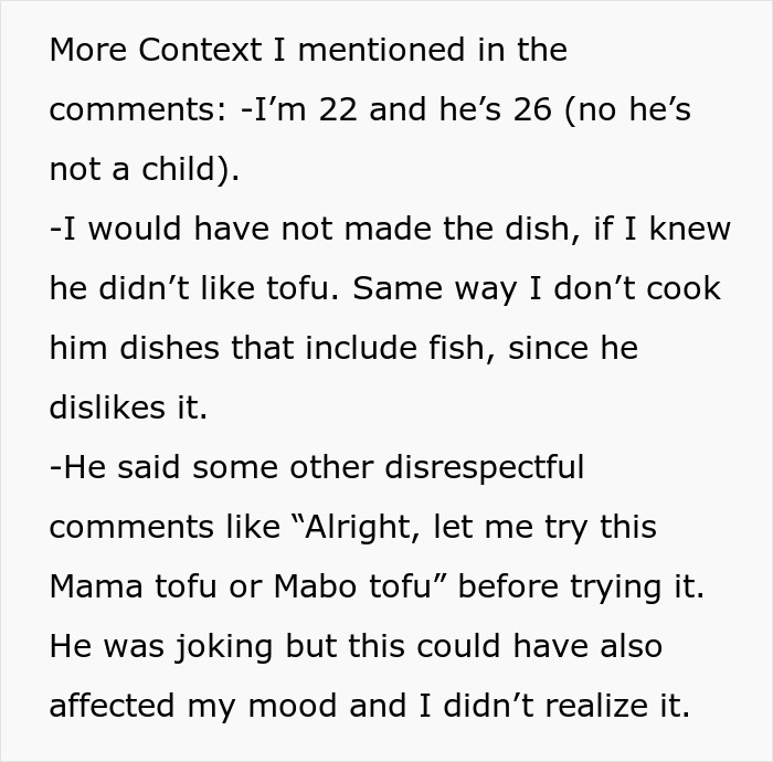 Text describing a boyfriend confrontation over cooking tofu dishes, highlighting age differences and food preferences.