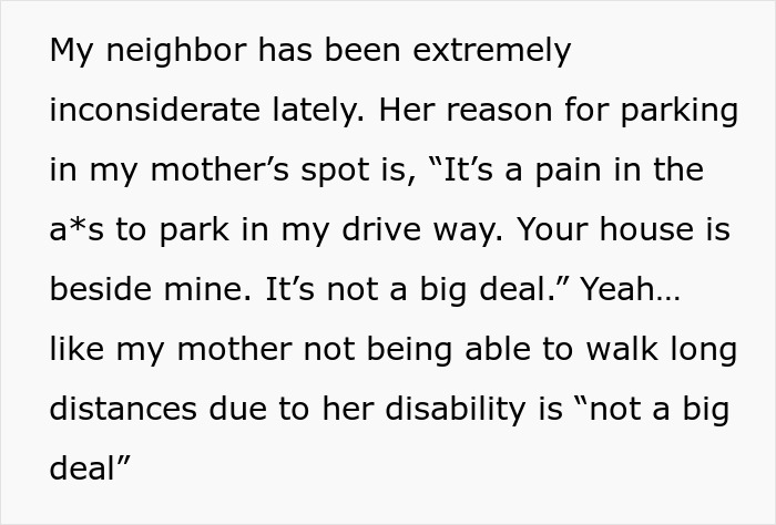 Text recounts a neighbor parking in a disabled spot, dismissing it as "not a big deal.