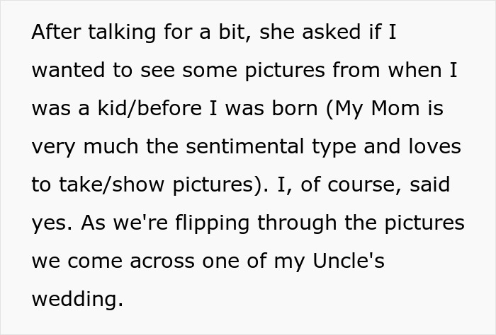 Text describing a sentimental moment with the bride's grandmother at her uncle's wedding.