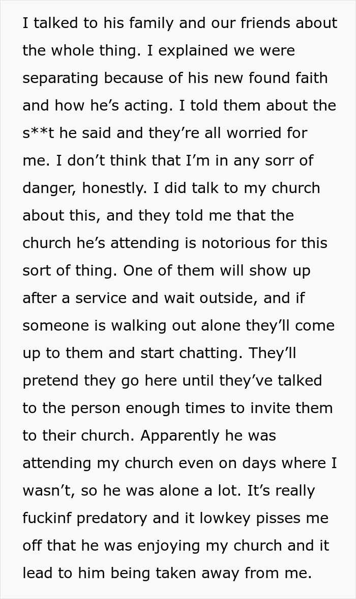 Church involvement leading to end of marriage, shown through text conversation. Church involvement leading to end of marriage, shown through text conversation.