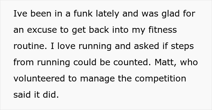 Text about reporting a coworker in a walking competition discussing counting running steps. Text about reporting a coworker in a walking competition discussing counting running steps.