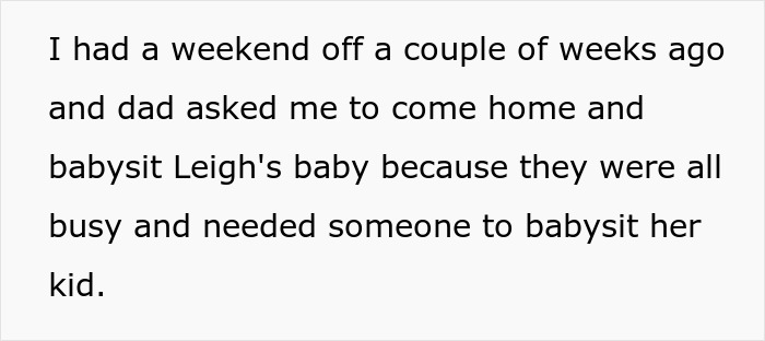 Text screenshot about a babysitting request, mentioning Leigh's baby and a busy schedule. Text screenshot about a babysitting request, mentioning Leigh's baby and a busy schedule.