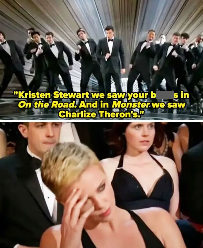 Performers on stage with a bold speech; audience member reacts, highlighting scandalous awards show moment.