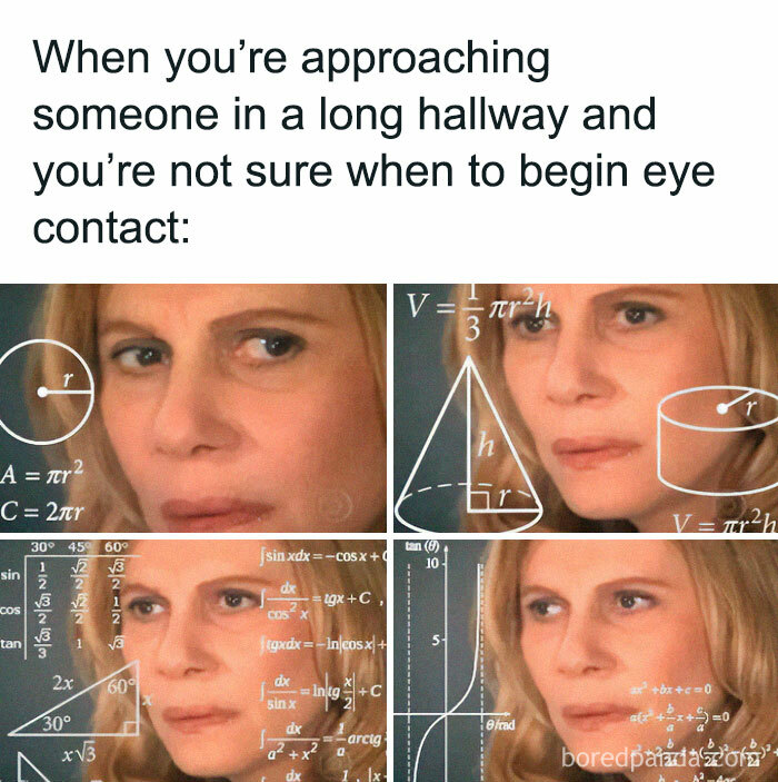 Confused woman surrounded by math equations, depicting awkward life moments of uncertainty in social interactions.